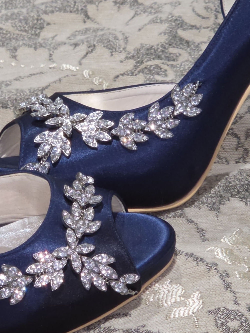 Royal Blue, Satin Peep-Toe,Platform, Heels with Crystal Leaf Accents